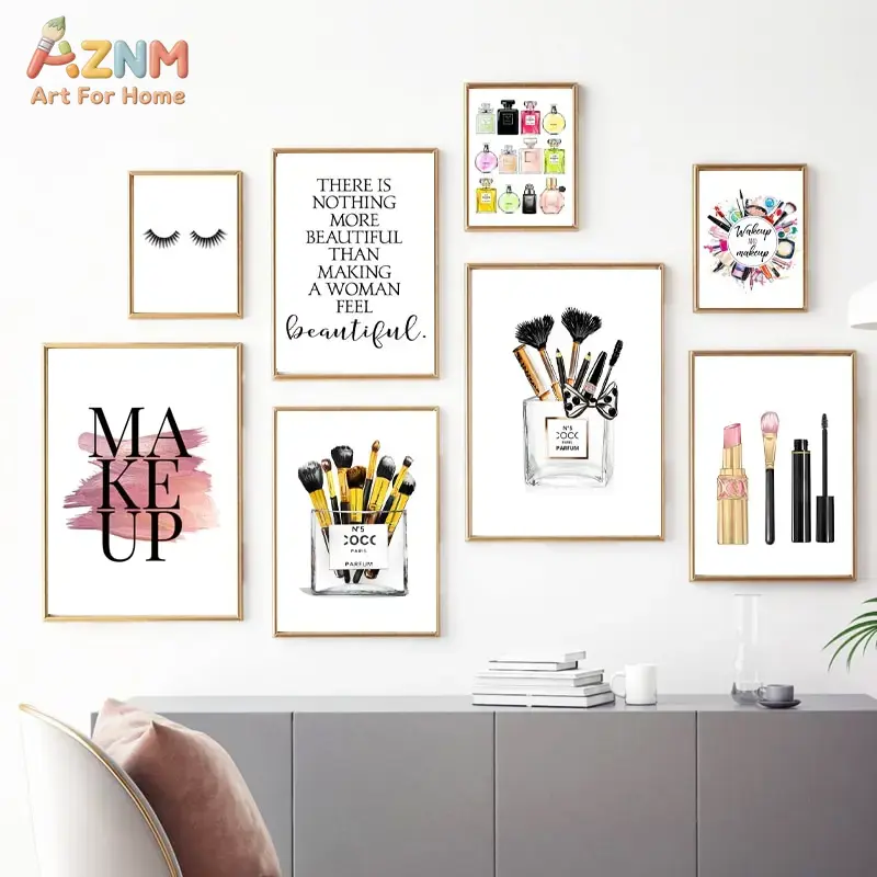 AZNM 핑크 패션 메이크업 캔버스 벽 예술 향수 립스 - Makeup Is Beauty Quotes 리뷰 및 가격