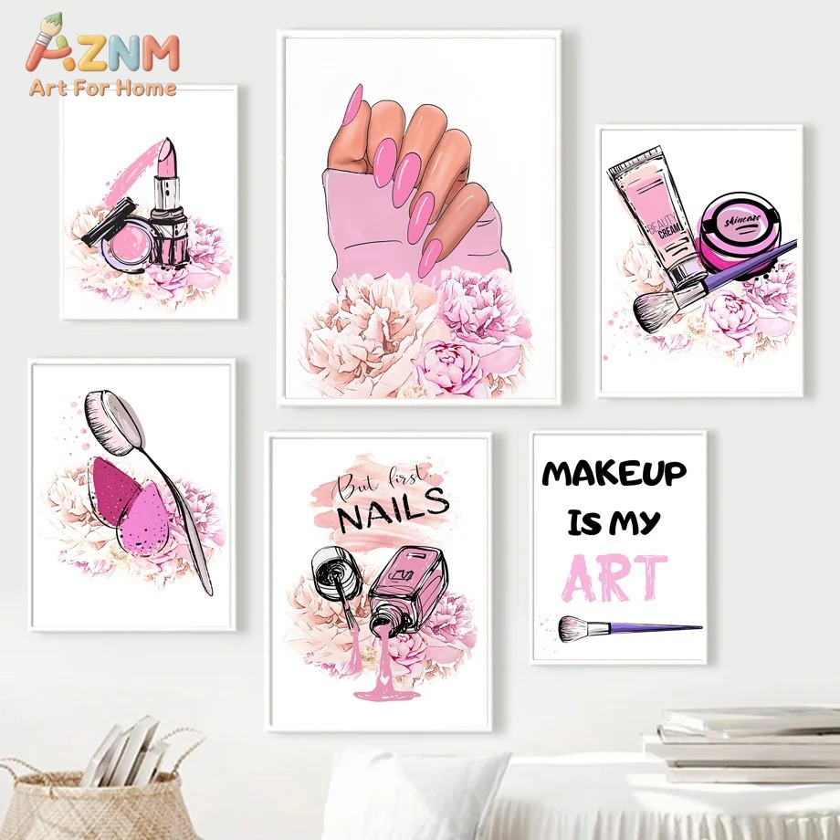 AZNM 핑크 네일 메이크업 캔버스 벽 예술, 현대 패 - Makeup Is Beauty Quotes 리뷰 및 가격